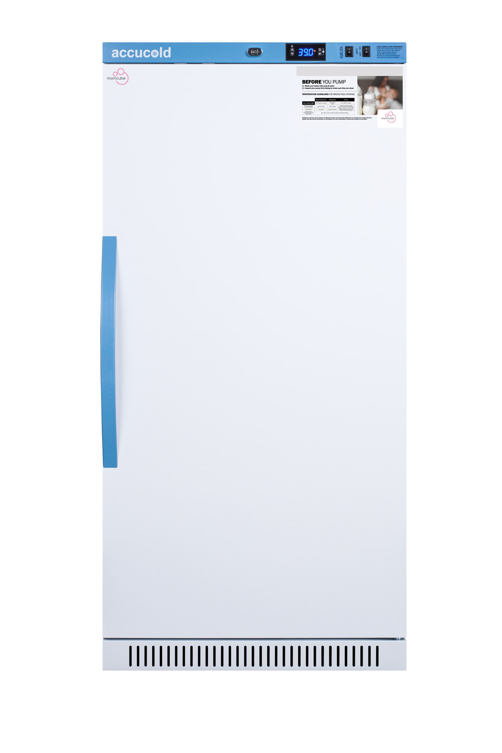 Purpose-built all-refrigerator for breast milk storage with 4 interior locking compartments, antimicrobial silver-ion handle, and a hospital grade cord with 'green dot' plug
